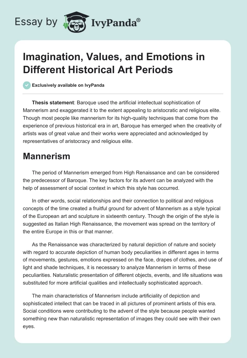 Imagination, Values, and Emotions in Different Historical Art Periods. Page 1