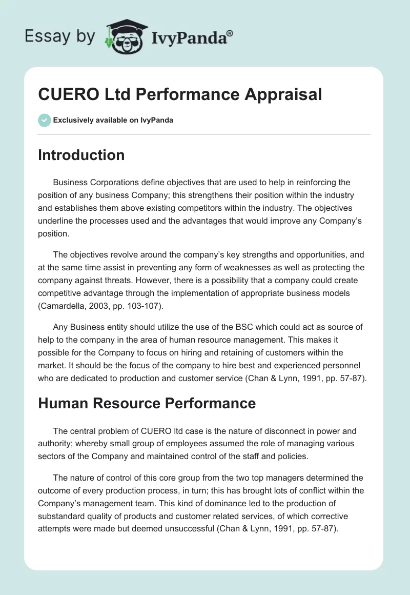 CUERO Ltd Performance Appraisal. Page 1