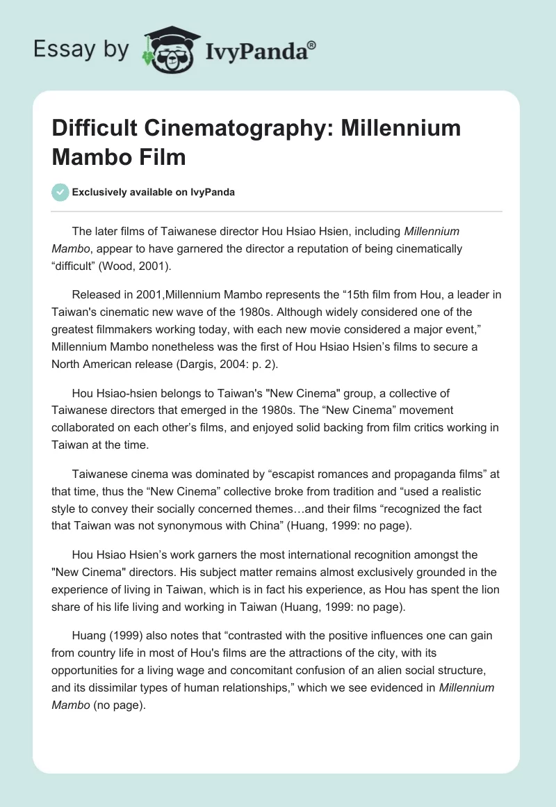 Difficult Cinematography: "Millennium Mambo" Film. Page 1