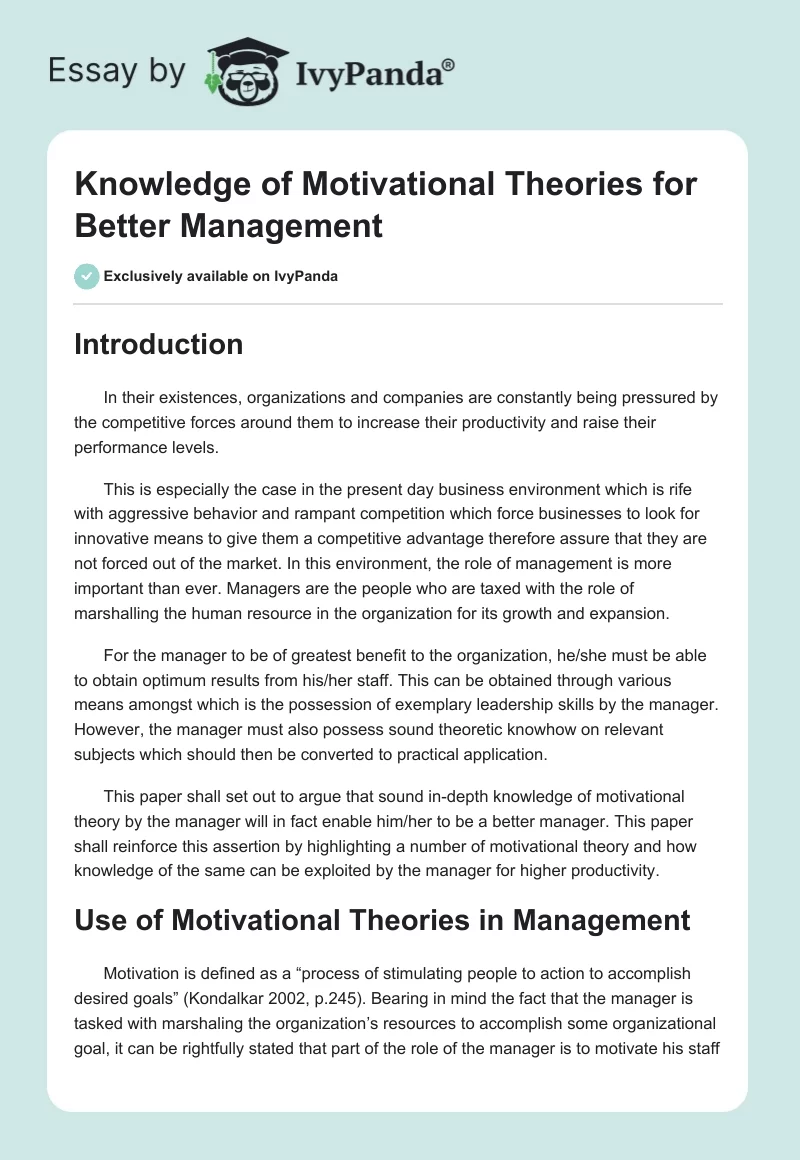 Knowledge of Motivational Theories for Better Management. Page 1