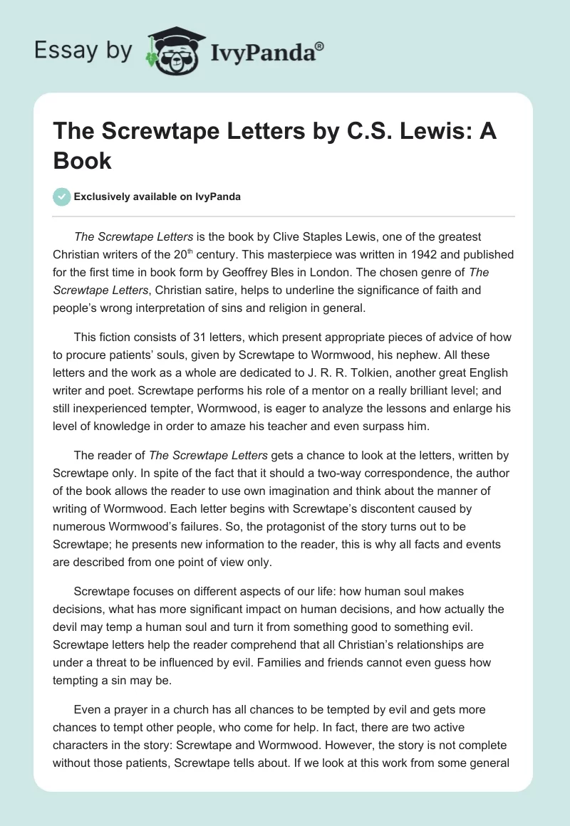 The Screwtape Letters by C.S. Lewis: A Book. Page 1