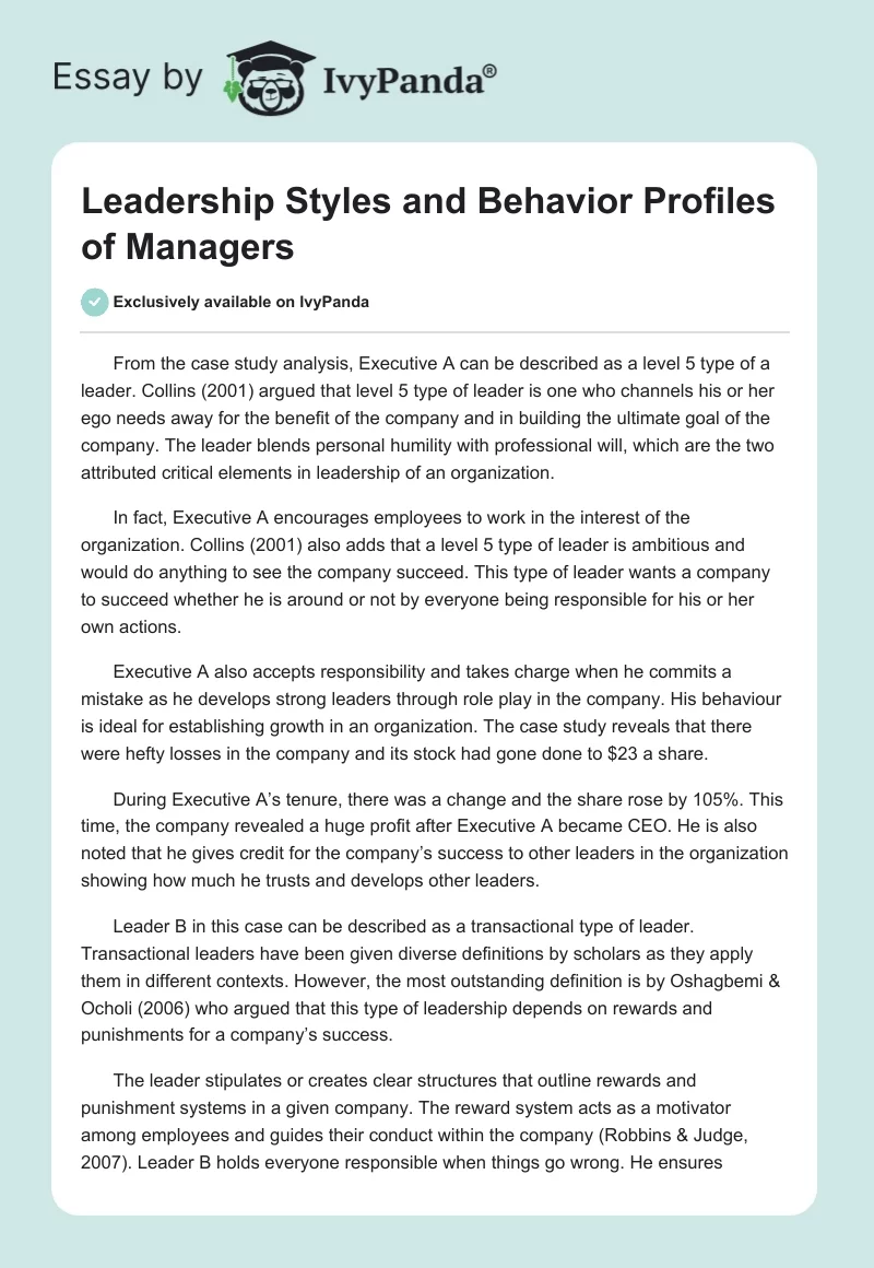 Leadership Styles and Behavior Profiles of Managers. Page 1