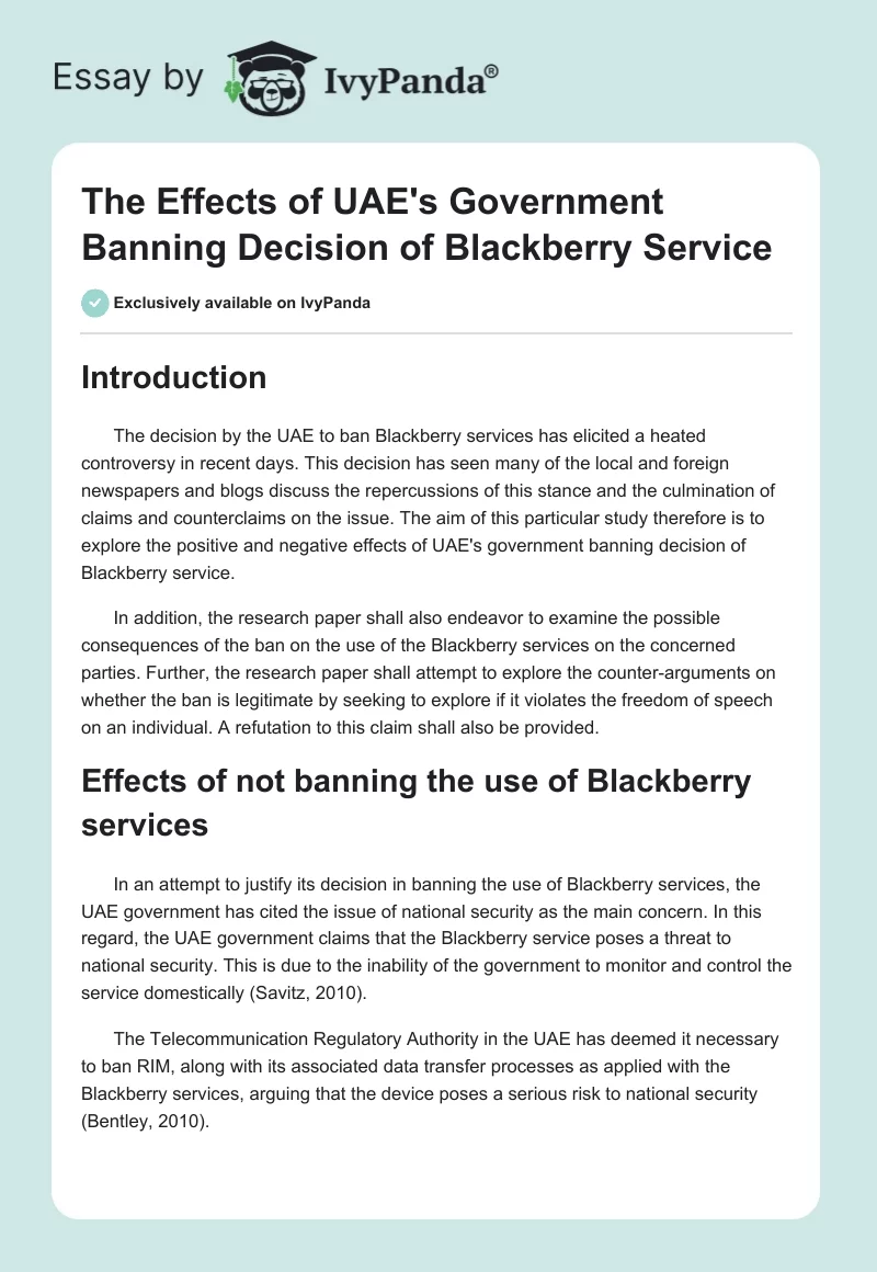 The Effects of UAE's Government Banning Decision of Blackberry Service. Page 1