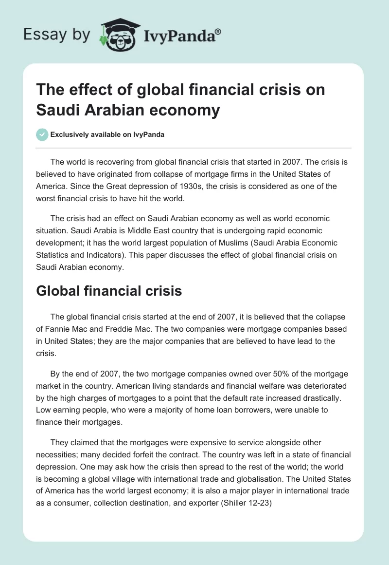 The effect of global financial crisis on Saudi Arabian economy. Page 1
