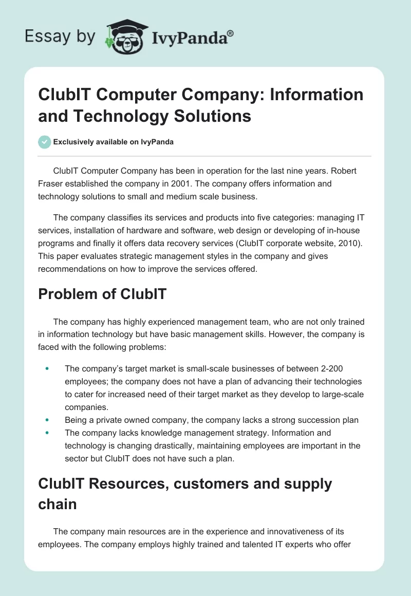 ClubIT Computer Company: Information and Technology Solutions. Page 1