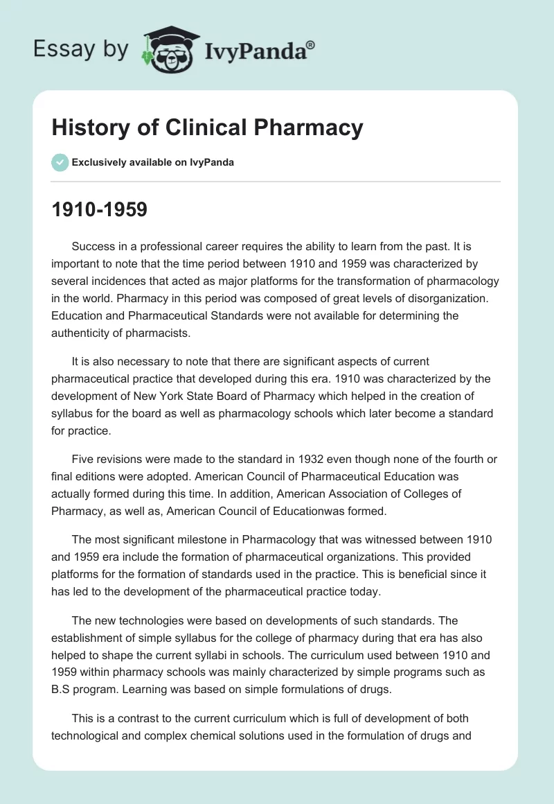 History of Clinical Pharmacy. Page 1