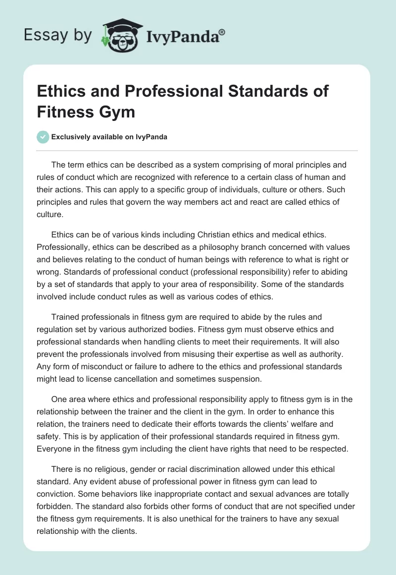 Ethics and Professional Standards of Fitness Gym. Page 1