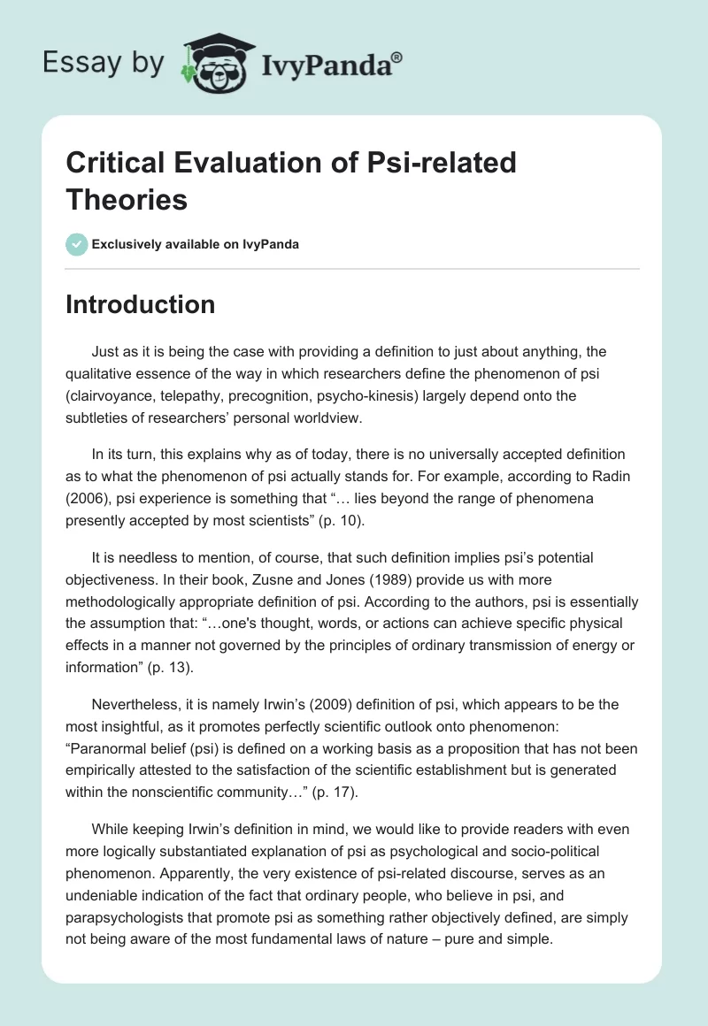 Critical Evaluation of Psi-related Theories. Page 1