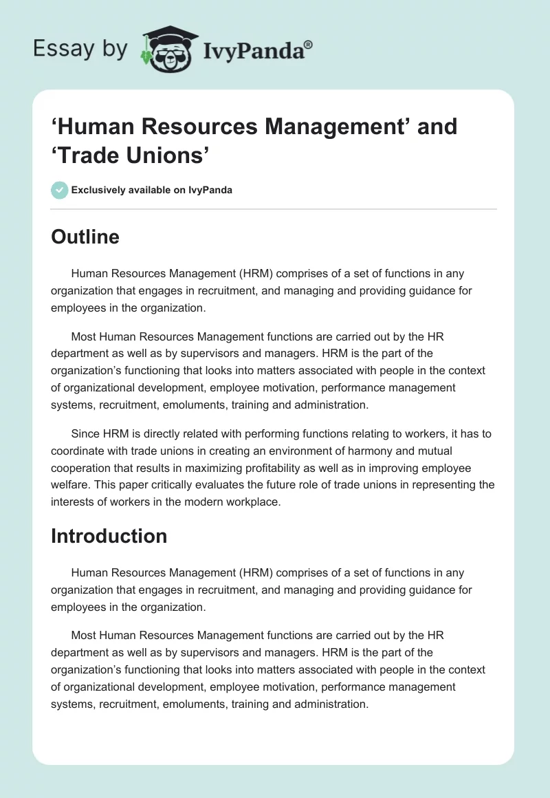 ‘Human Resources Management’ and ‘Trade Unions’. Page 1