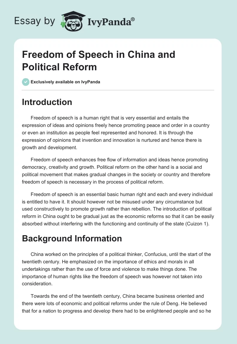 Freedom of Speech in China and Political Reform. Page 1
