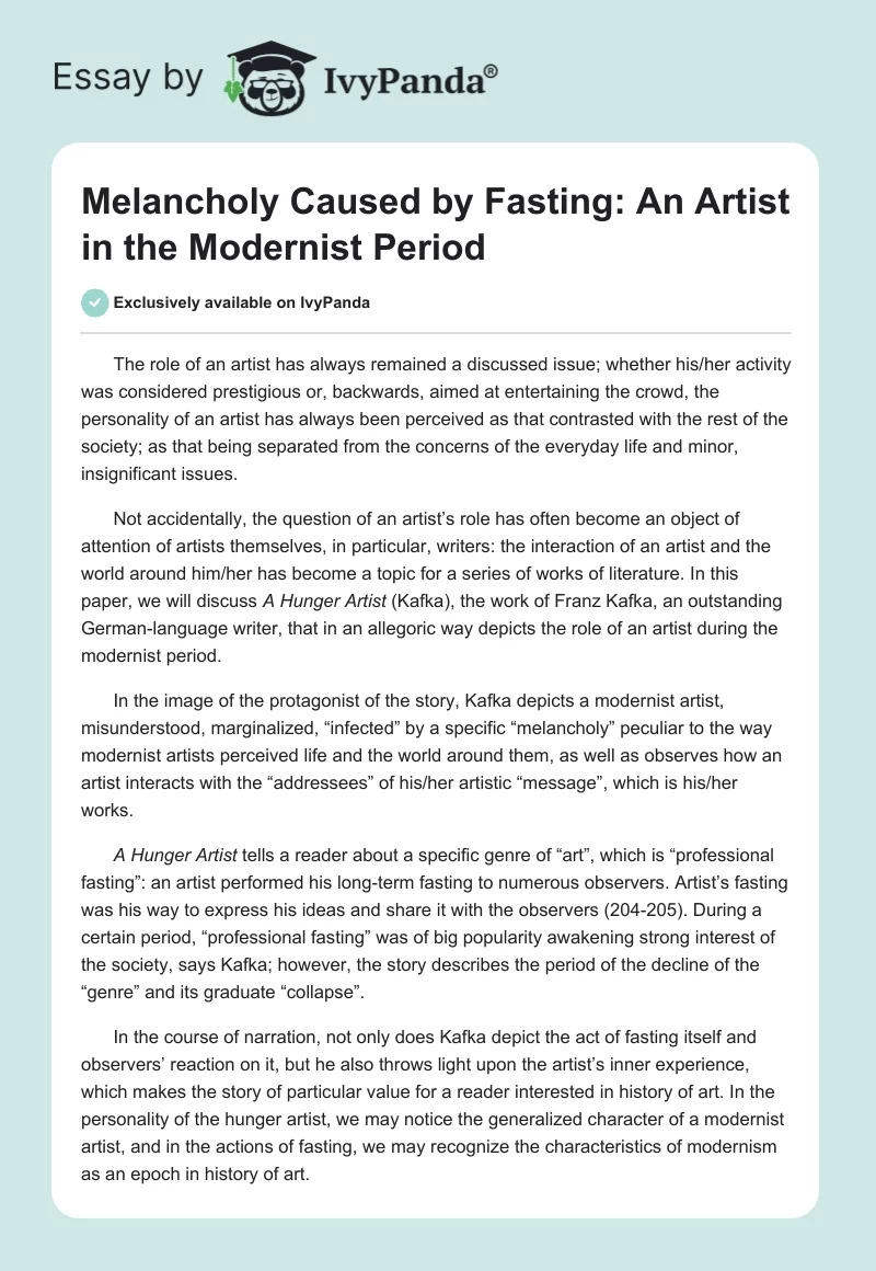 Melancholy Caused by Fasting: An Artist in the Modernist Period. Page 1