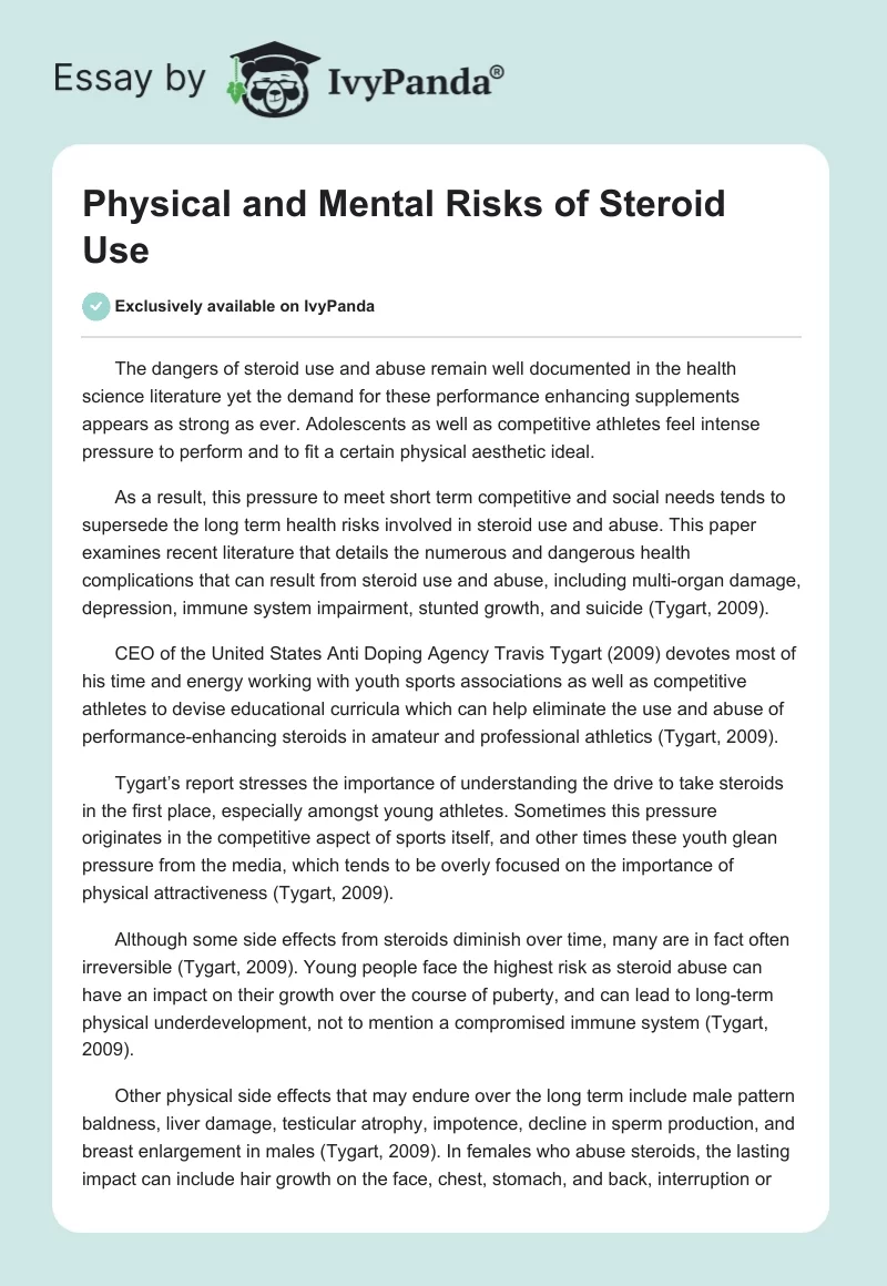 Physical and Mental Risks of Steroid Use. Page 1