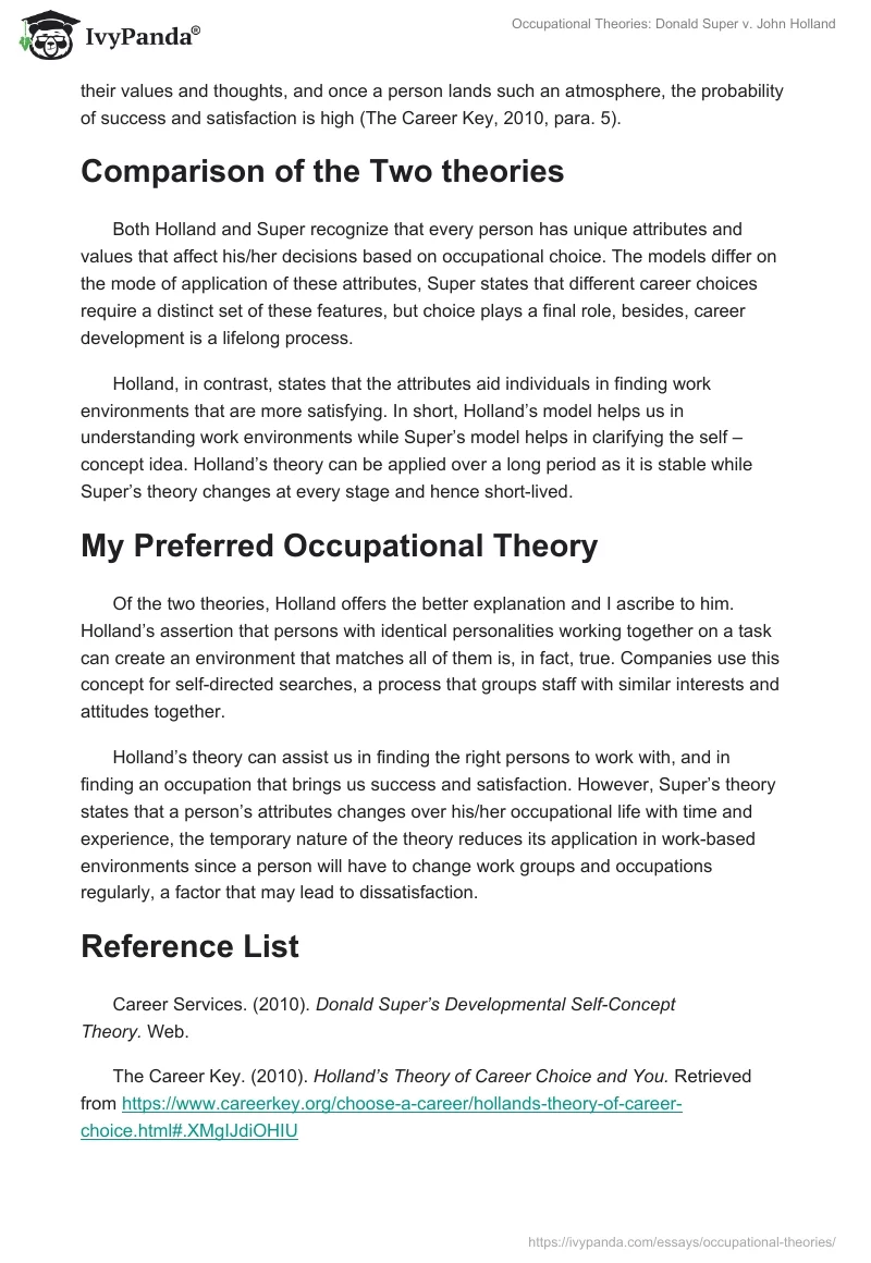 Occupational Theories: Donald Super v. John Holland. Page 2