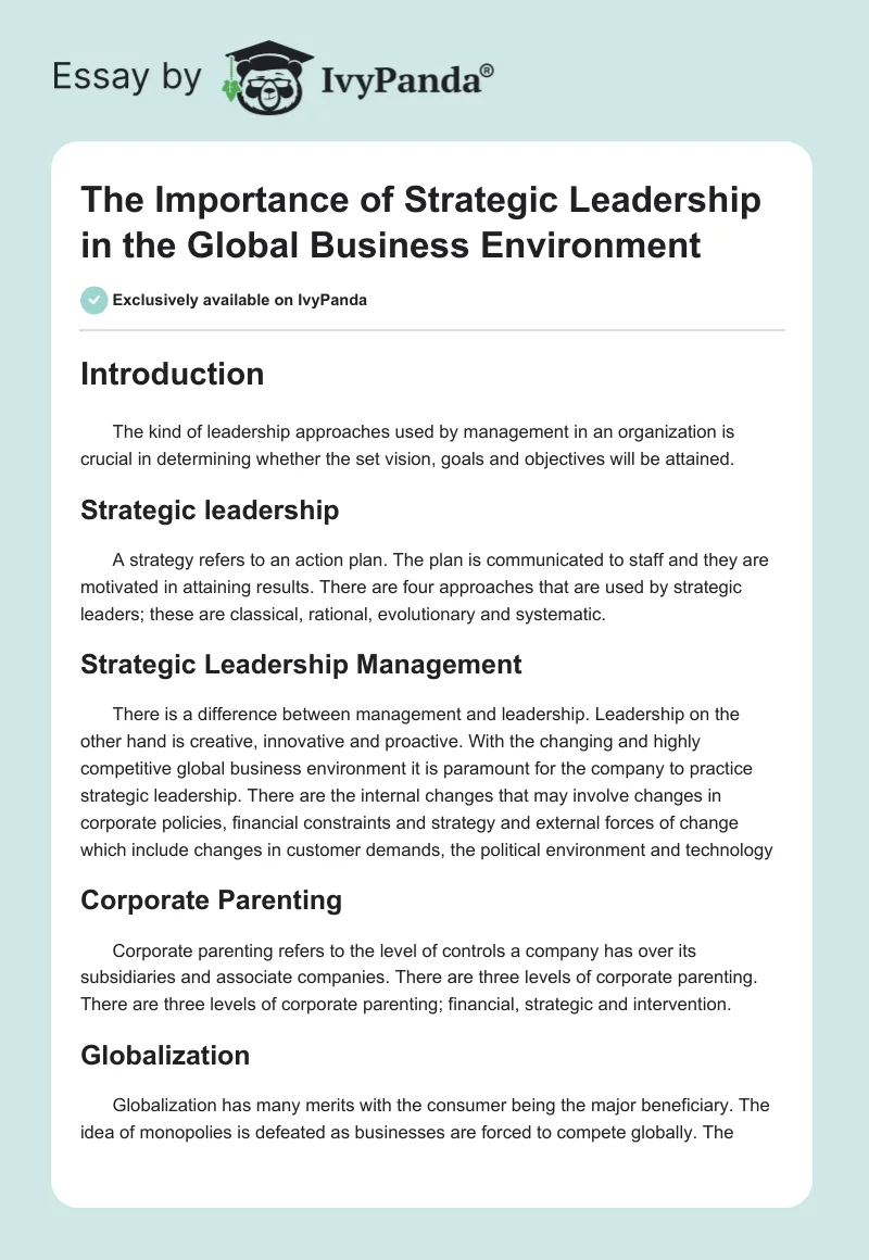 The Importance of Strategic Leadership in the Global Business Environment. Page 1