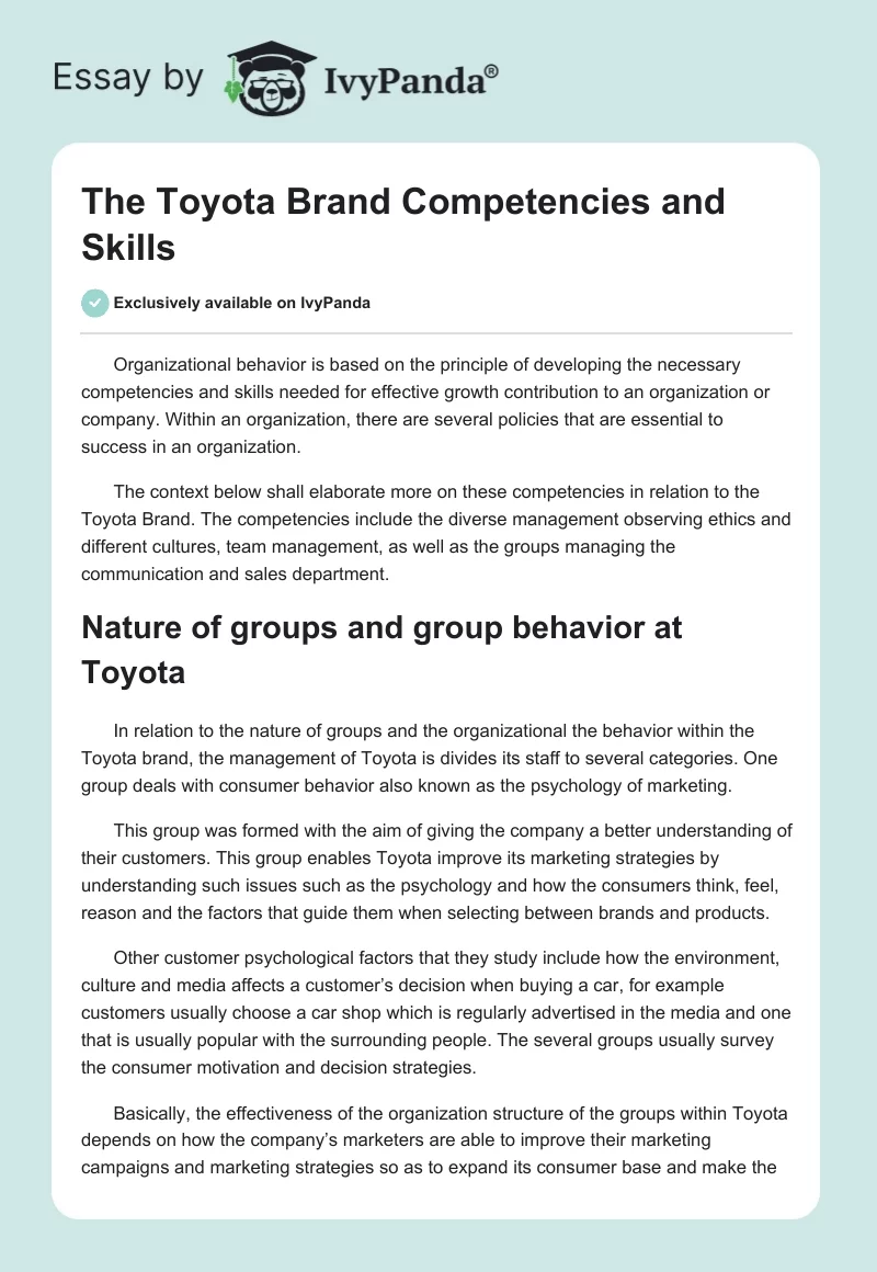 The Toyota Brand Competencies and Skills. Page 1