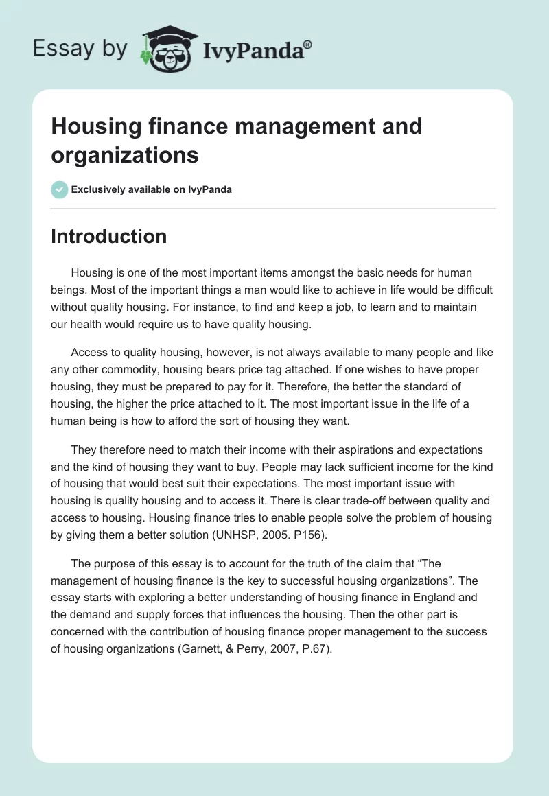 Housing finance management and organizations. Page 1