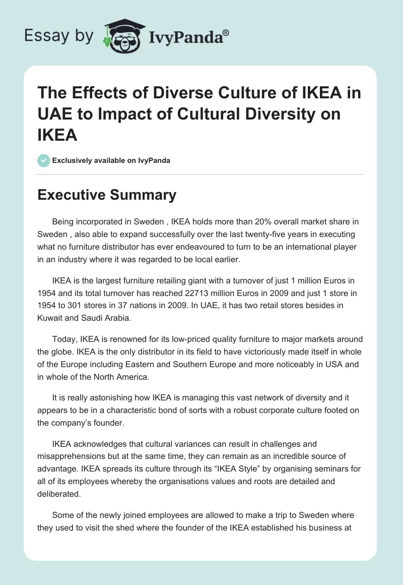 The Effects of Diverse Culture of IKEA in UAE to Impact of Cultural Diversity on IKEA. Page 1