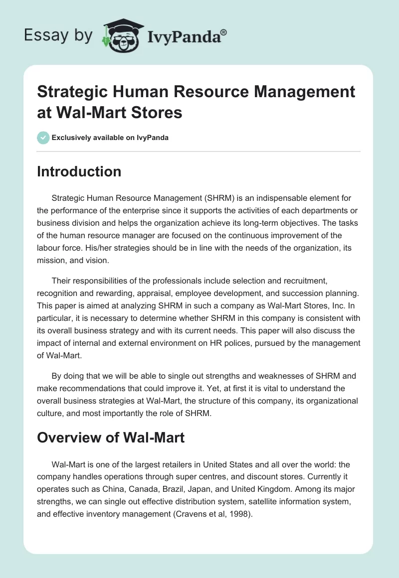 Strategic Human Resource Management at Wal-Mart Stores. Page 1