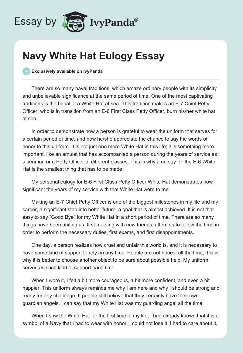 Navy White Hat Eulogy Essay. Page 1