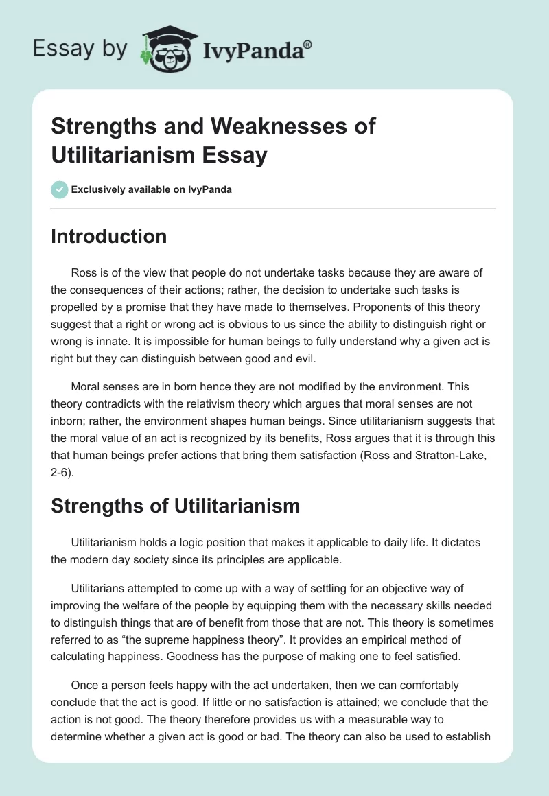 Strengths and Weaknesses of Utilitarianism Essay. Page 1