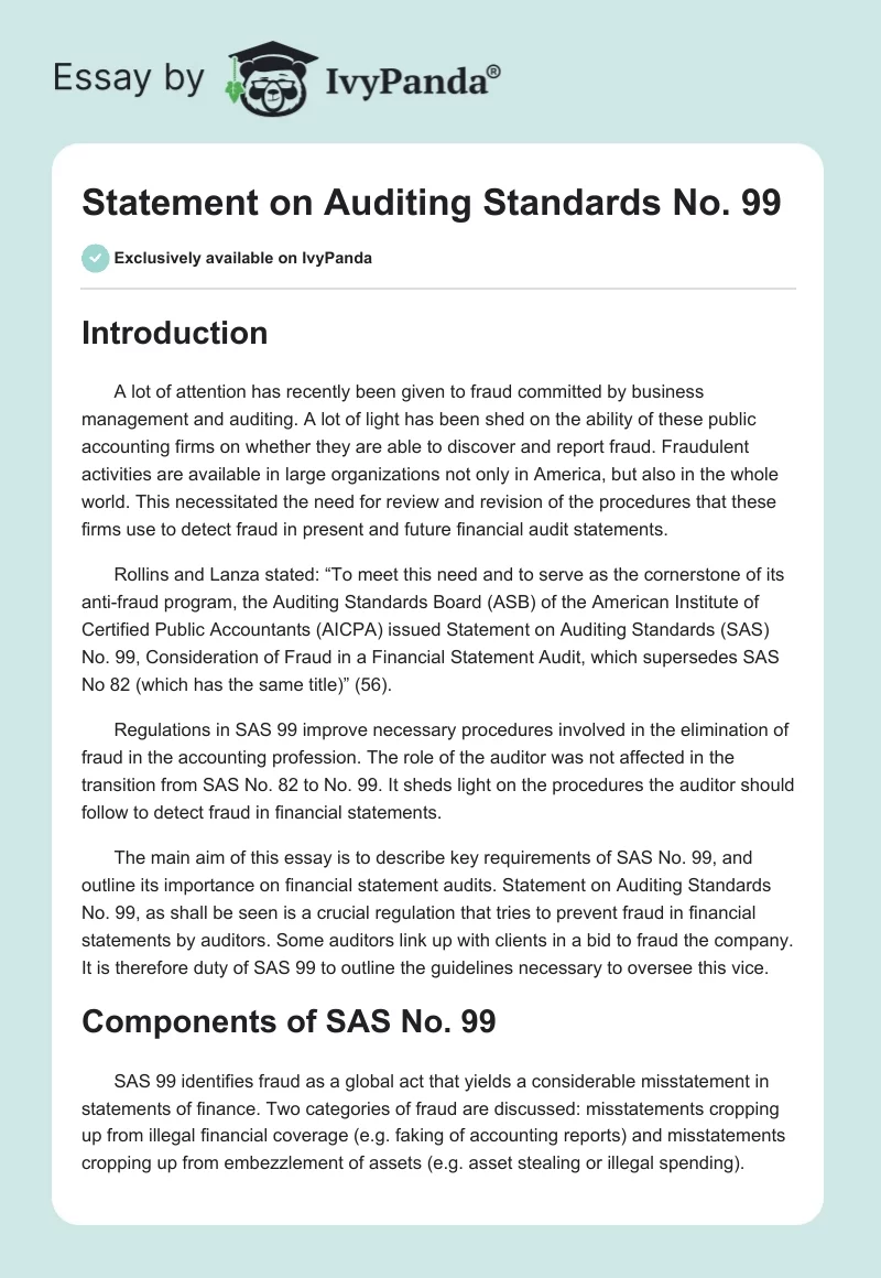 Statement on Auditing Standards No. 99. Page 1