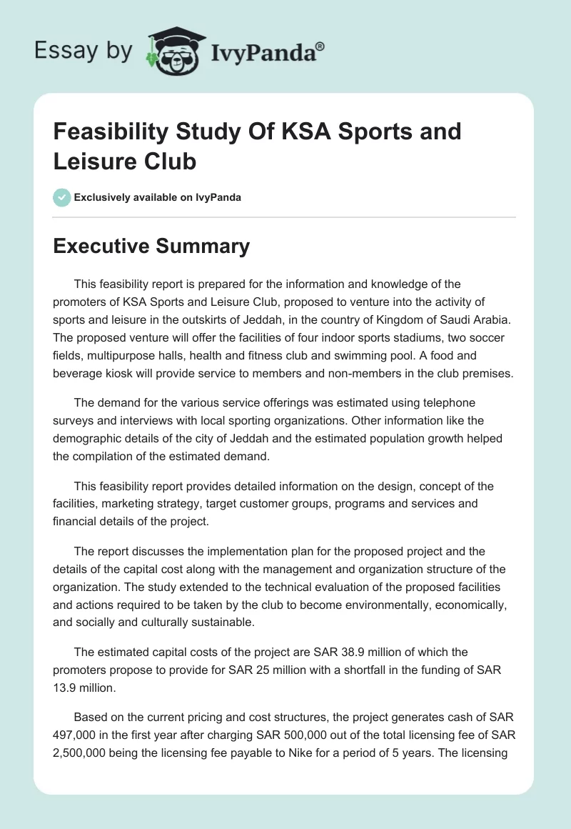 Feasibility Study of KSA Sports and Leisure Club. Page 1