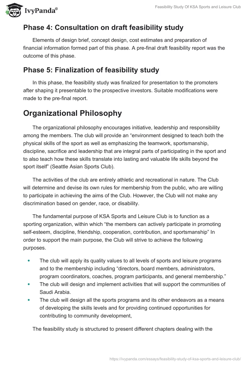 Feasibility Study Of KSA Sports and Leisure Club. Page 5