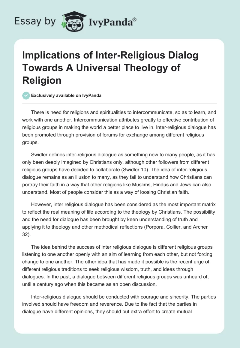 Implications of Inter-Religious Dialog Towards a Universal Theology of Religion. Page 1