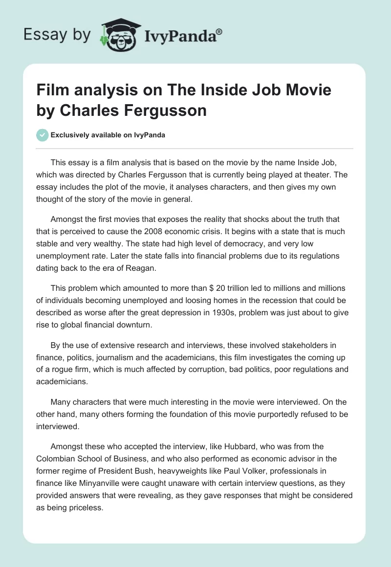 Film Analysis on The Inside Job Movie by Charles Fergusson. Page 1