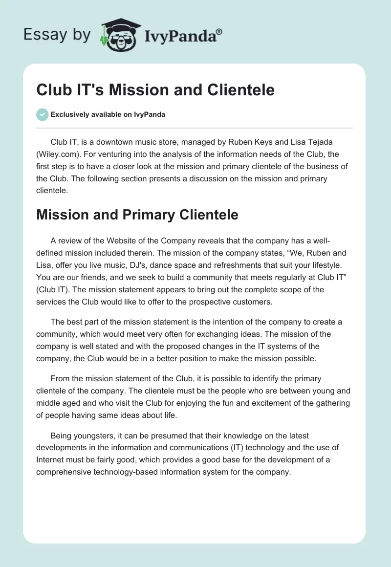 Club IT's Mission and Clientele. Page 1