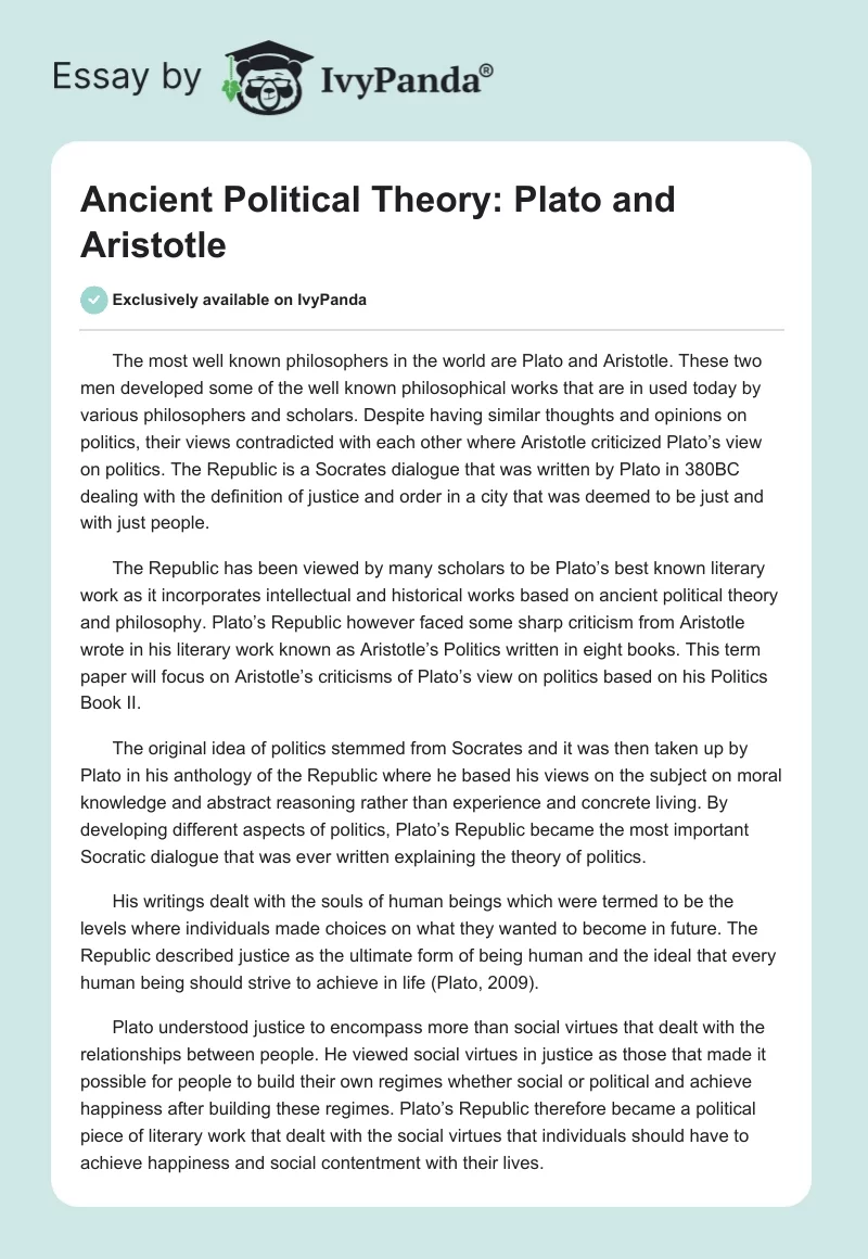 Ancient Political Theory: Plato and Aristotle. Page 1