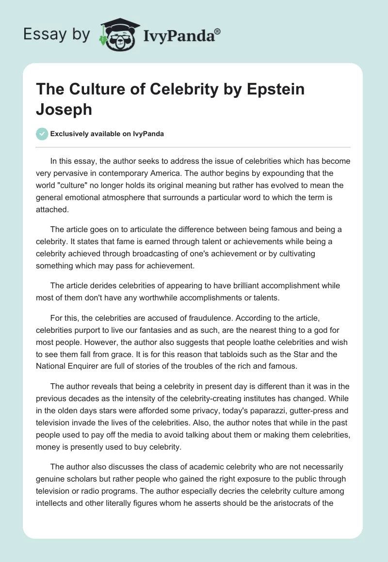 "The Culture of Celebrity" by Epstein Joseph. Page 1