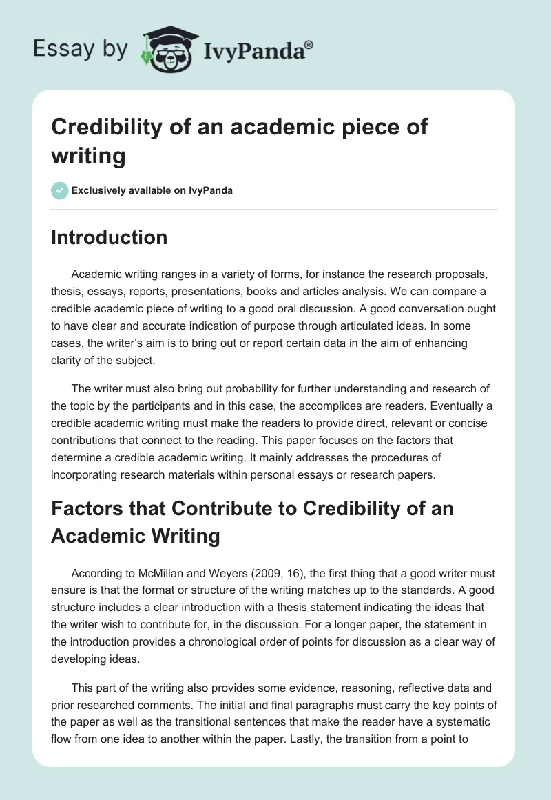 Credibility of an academic piece of writing. Page 1