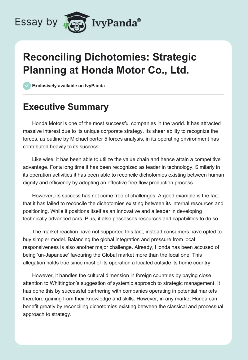 Reconciling Dichotomies: Strategic Planning at Honda Motor Co., Ltd.. Page 1