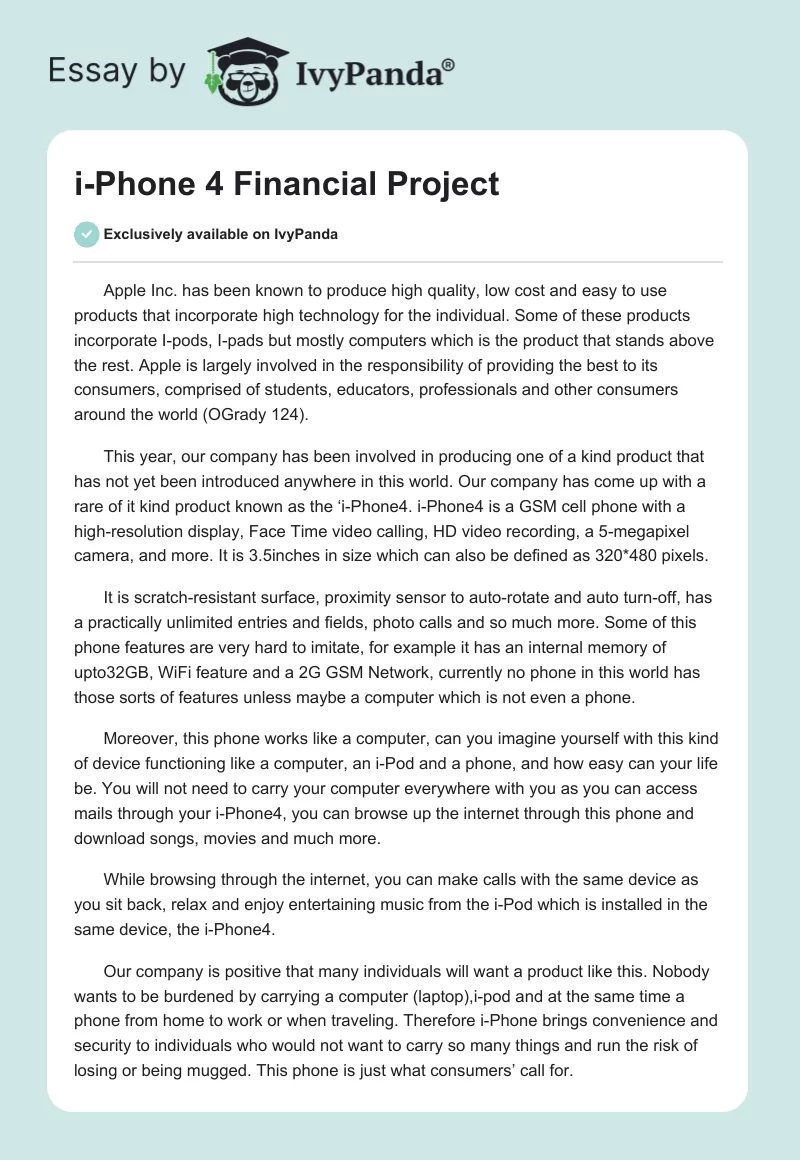i-Phone 4 Financial Project. Page 1