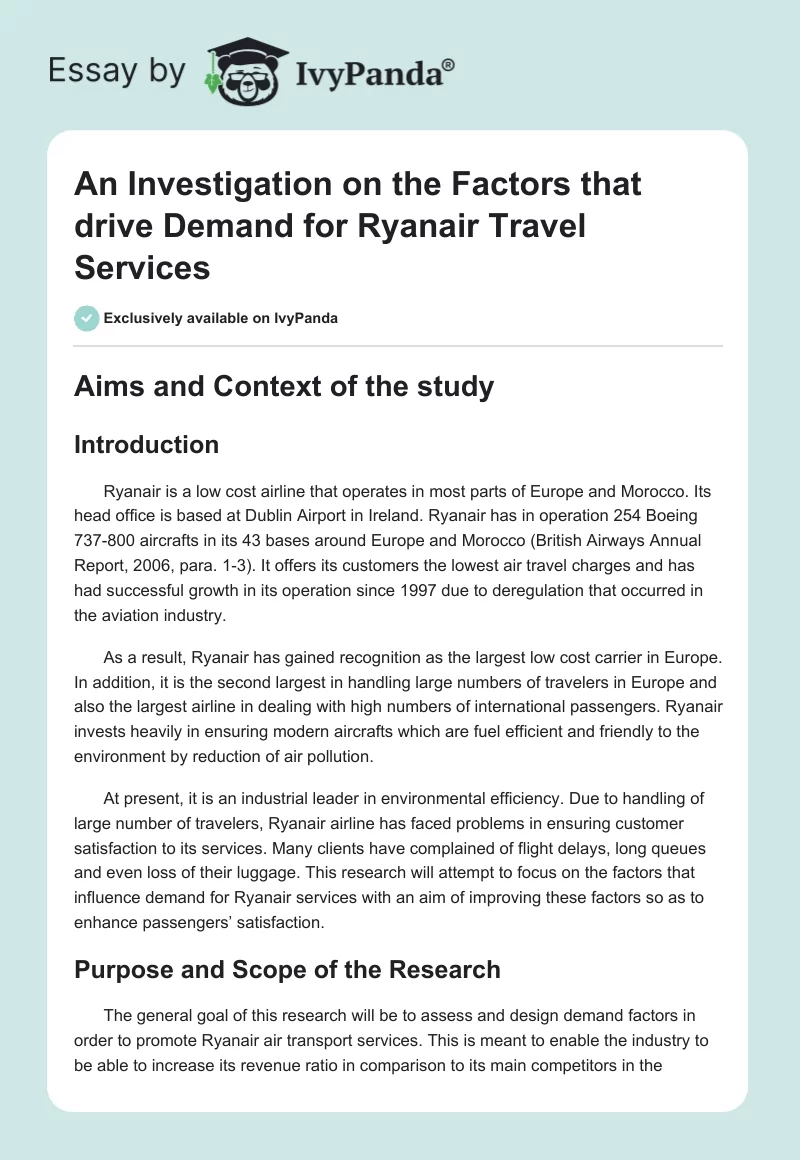 An Investigation on the Factors that drive Demand for Ryanair Travel Services. Page 1
