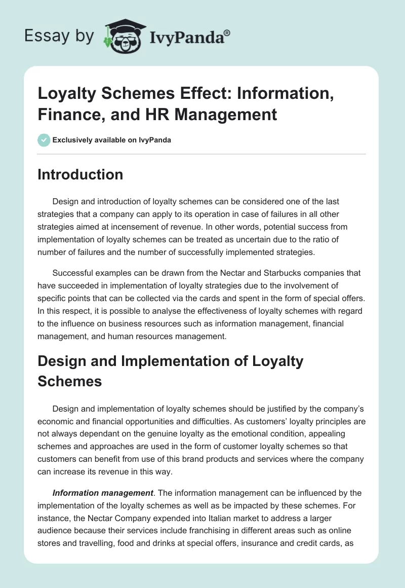 Loyalty Schemes Effect: Information, Finance, and HR Management. Page 1