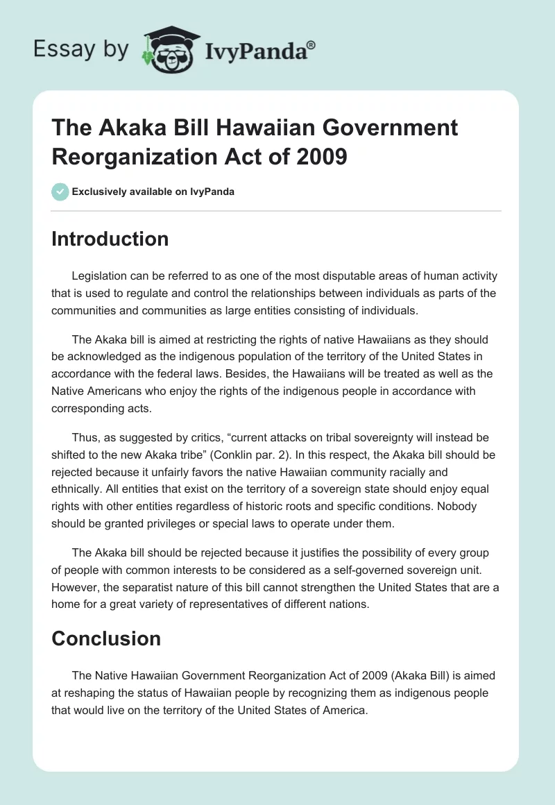 The Akaka Bill Hawaiian Government Reorganization Act of 2009. Page 1
