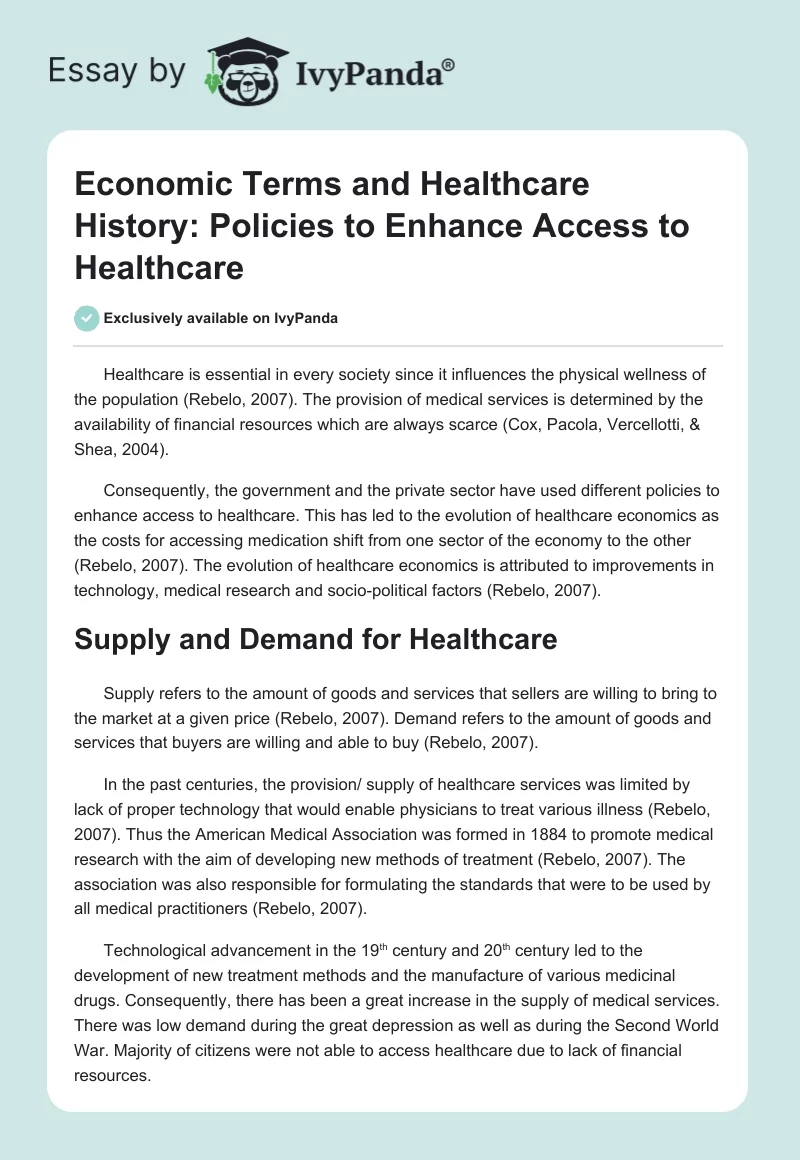 Economic Terms and Healthcare History: Policies to Enhance Access to Healthcare. Page 1