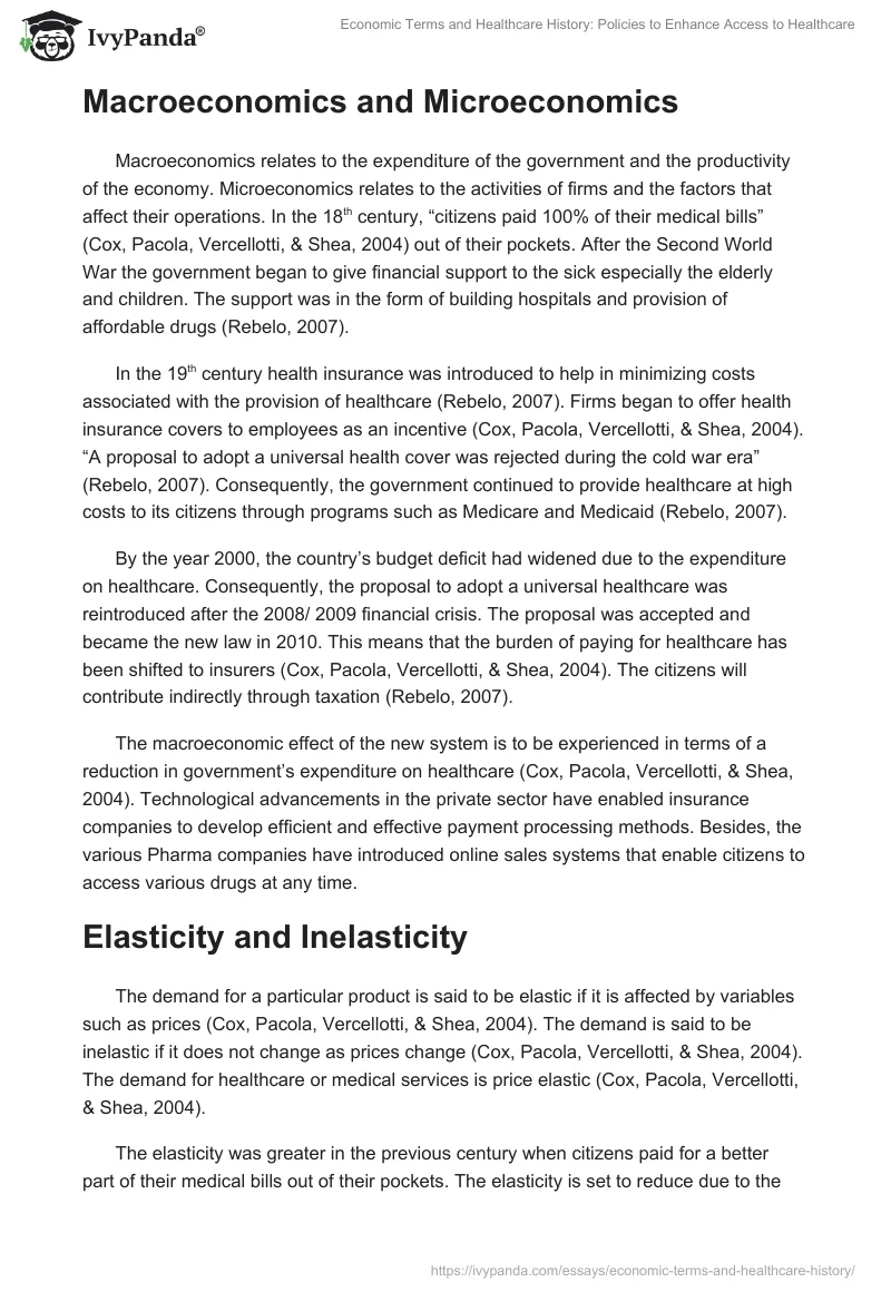 Economic Terms and Healthcare History: Policies to Enhance Access to Healthcare. Page 2