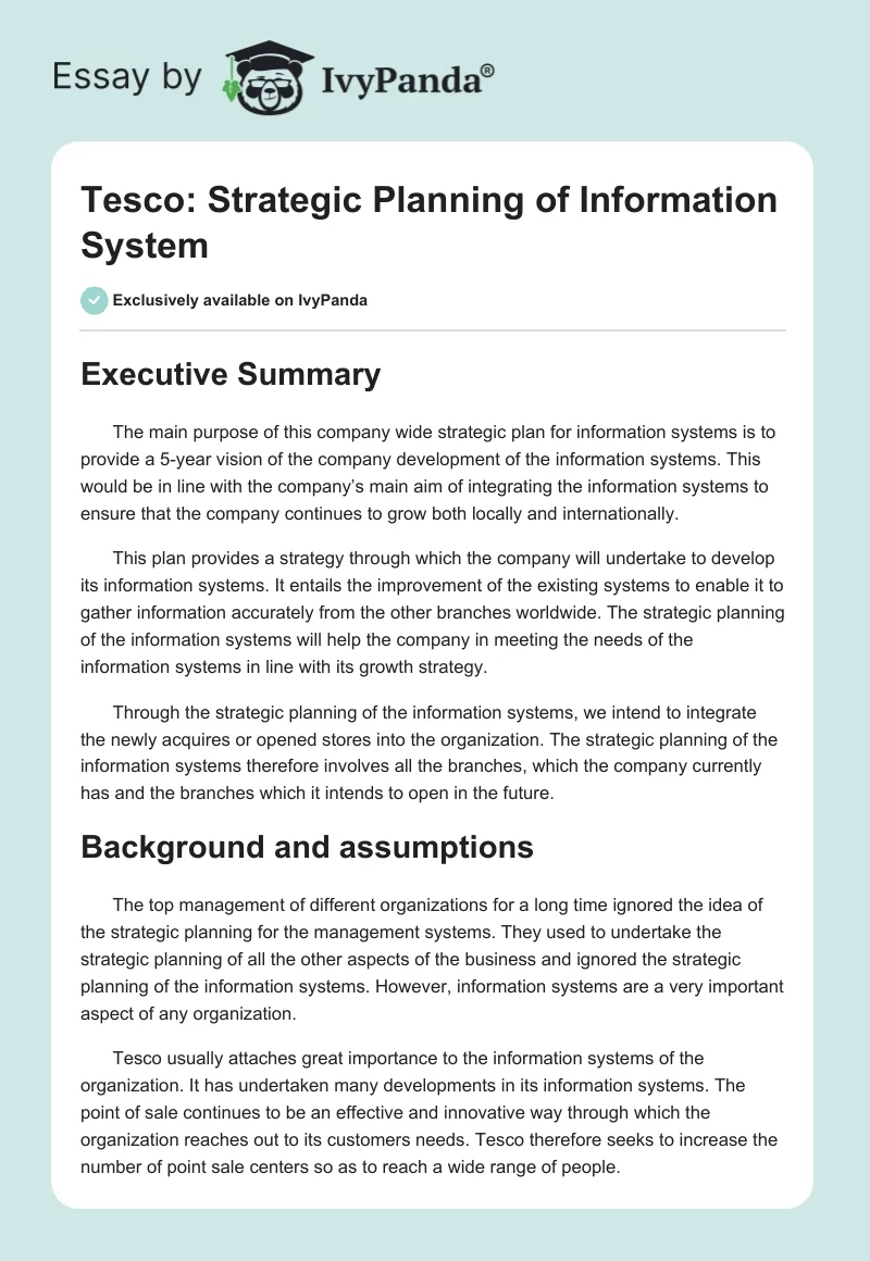 Tesco: Strategic Planning of Information System. Page 1