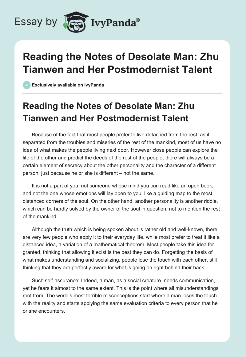 Reading the Notes of Desolate Man: Zhu Tianwen and Her Postmodernist Talent. Page 1