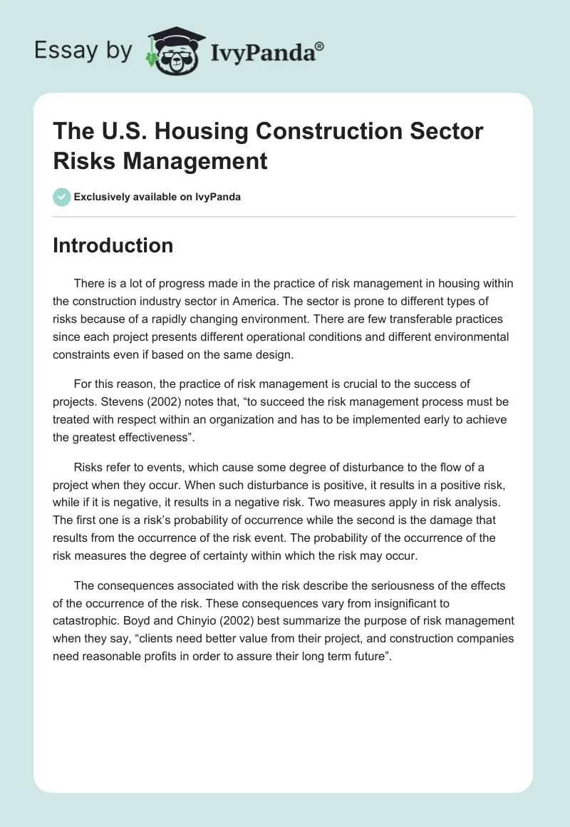 The U.S. Housing Construction Sector Risks Management. Page 1