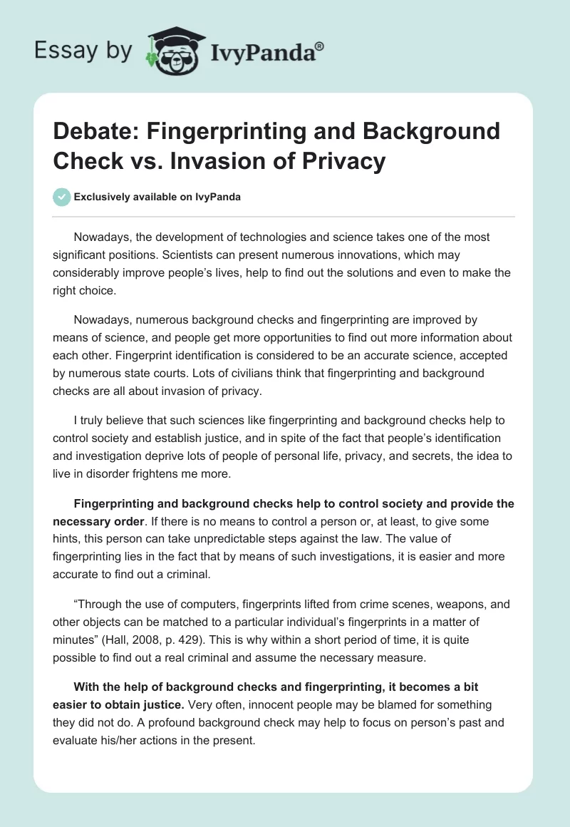 Debate: Fingerprinting and Background Check vs. Invasion of Privacy. Page 1