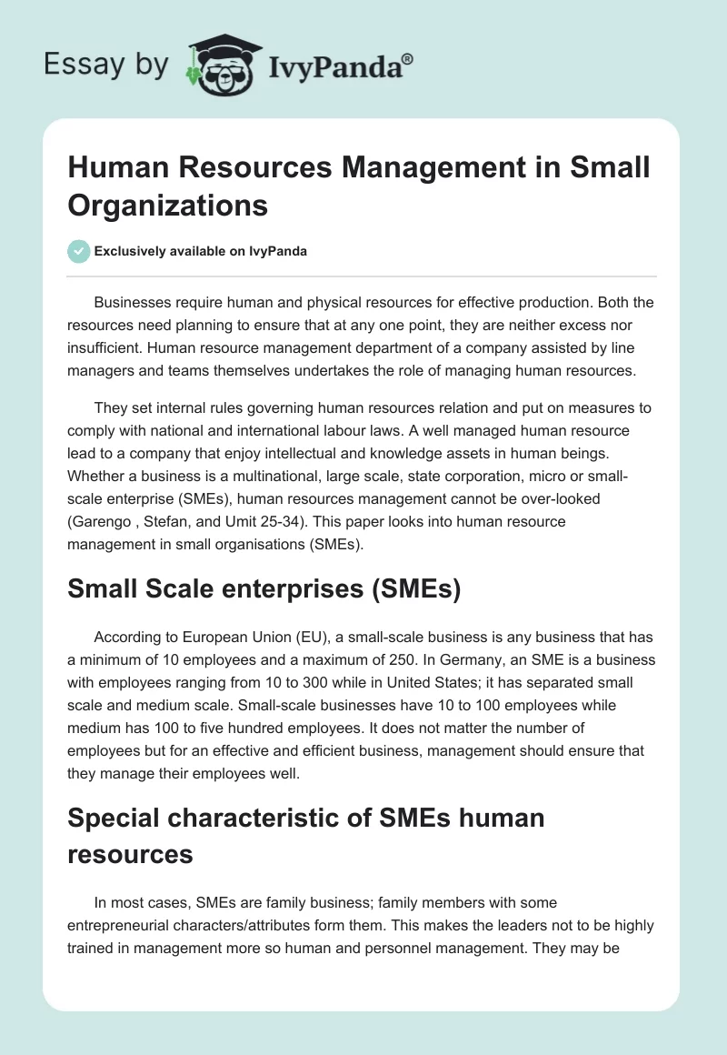Human Resources Management in Small Organizations. Page 1