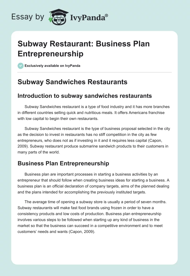 Subway Restaurant: Business Plan Entrepreneurship. Page 1