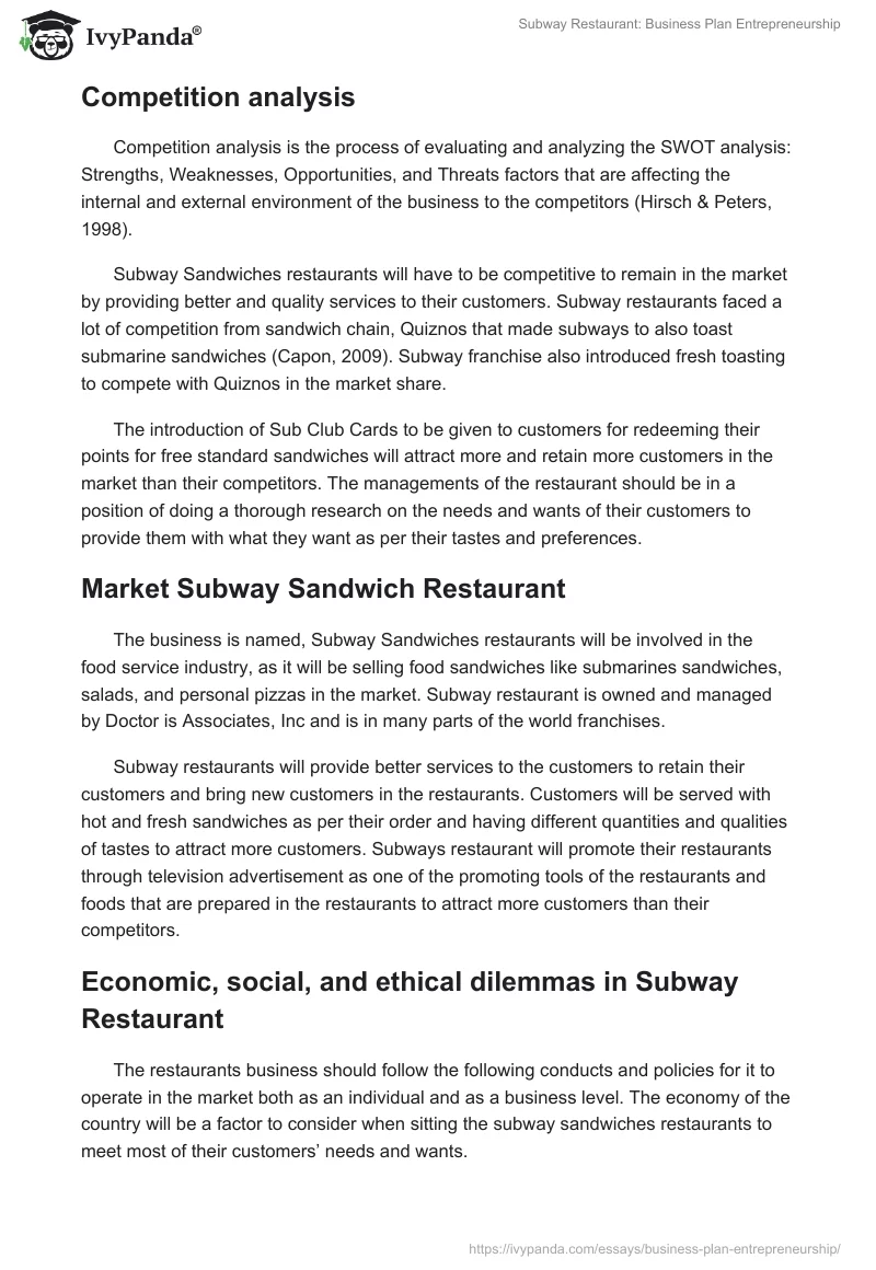Subway Restaurant: Business Plan Entrepreneurship. Page 2
