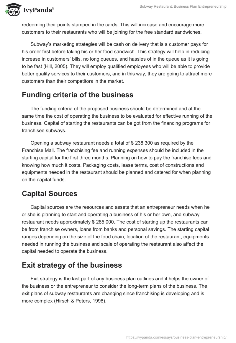 Subway Restaurant: Business Plan Entrepreneurship. Page 4