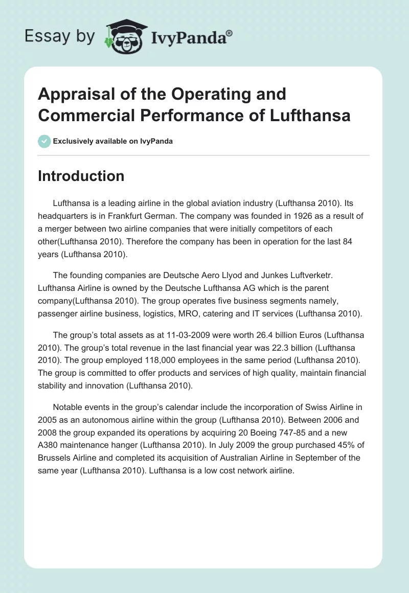 Appraisal of the Operating and Commercial Performance of Lufthansa. Page 1