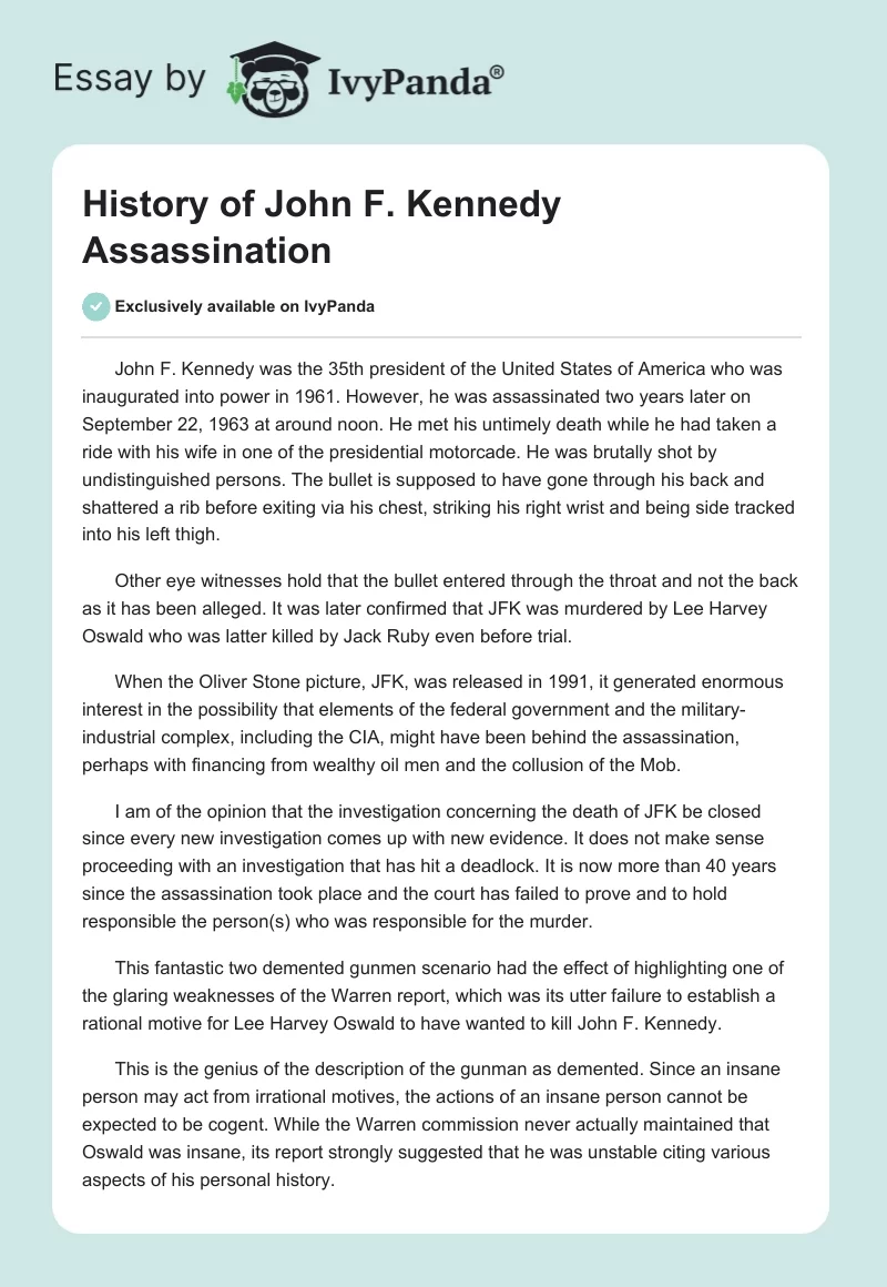 History of John F. Kennedy Assassination. Page 1